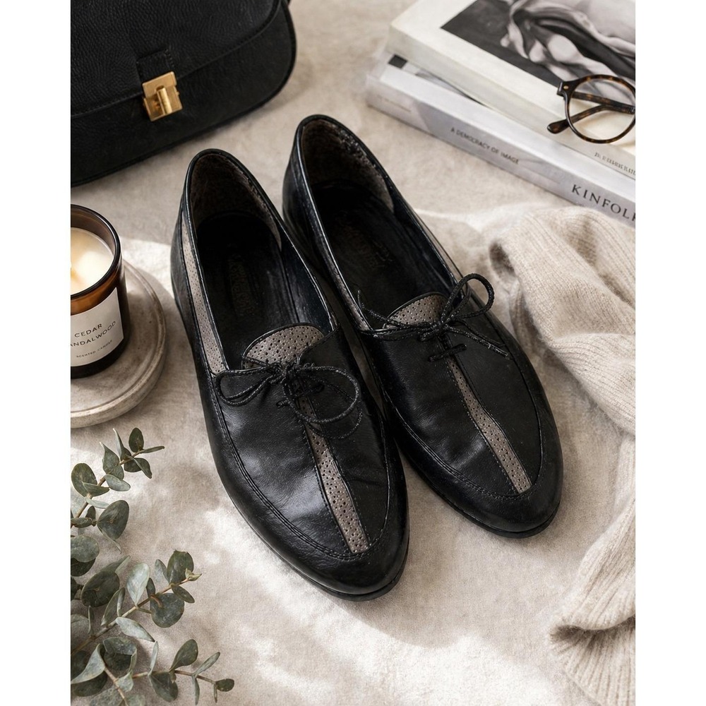 Jonathan Richards Black Leather Lace Up Perforated Stripe Loafers Flats 10